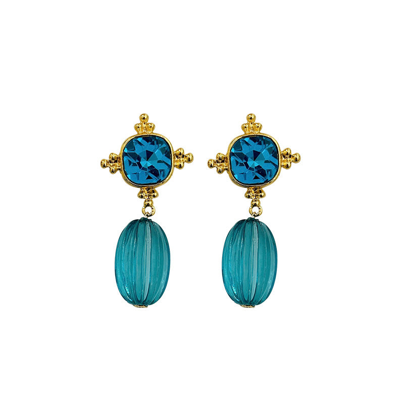Retro Blue Geometric Crystal Pendant Earrings