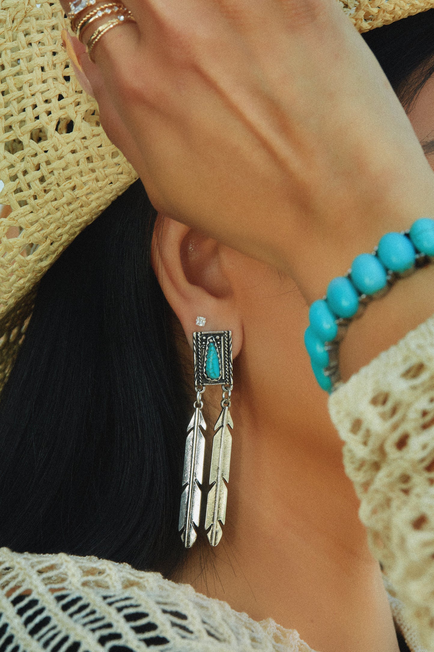 Emarya Statement Dangle Earring - Silver Turquoise