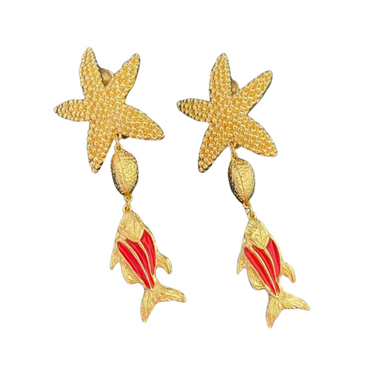 Vintage Fish Pendant Star Fish Clip Earrings